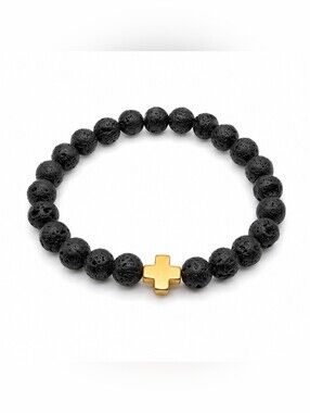 Mens Black Lava Rock Stone Bead Bracelet Gold Cross Charm Religious Jewelry OS